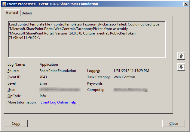 TaxonomyPicker Error on Windows Event Logs